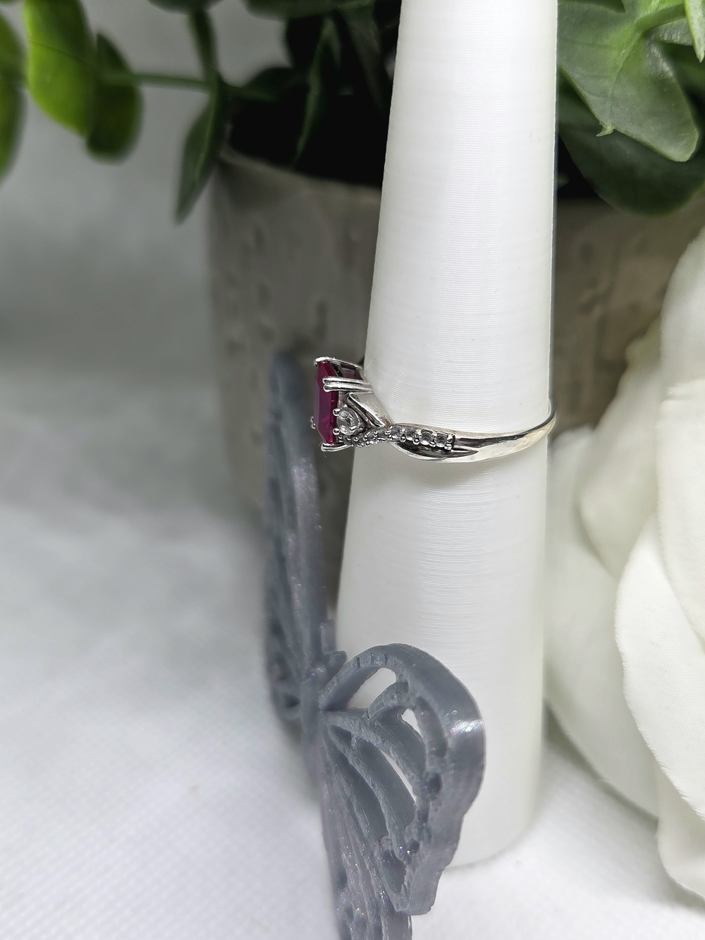 Silver-Tone Pink Ruby-Color Solitaire Ring - Picture 2 of 2